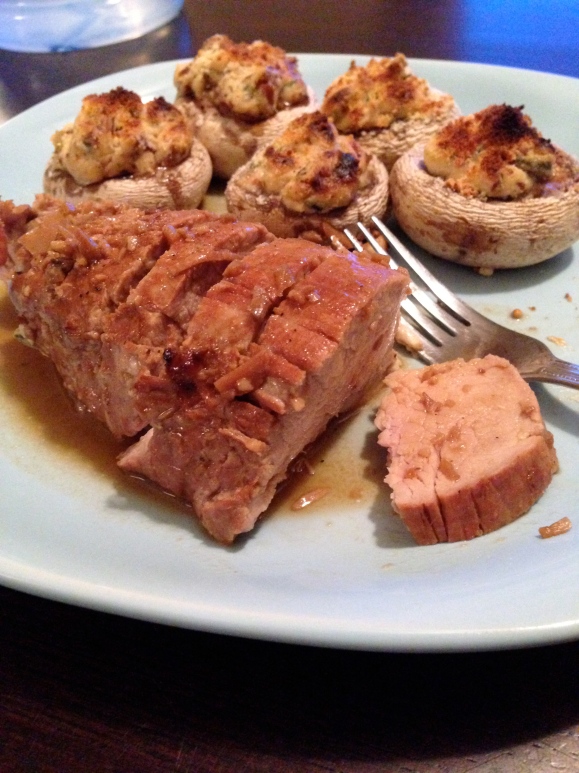 Pork tenderloin with pan sauce and stuffed mushrooms